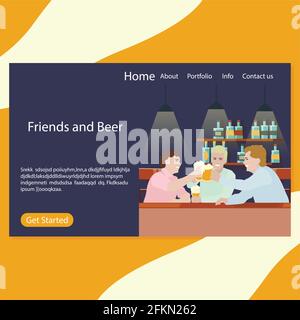 Friends and beer landing page pub. Illustration beer party, friday together drinking, drink and cheers page pub, talking men in bar vector Stock Vector