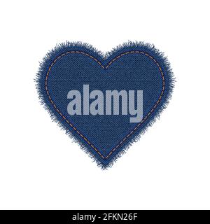 Denim heart shape with seam. Torn jean patch with stitches. Vector realistic illustration on white background Stock Vector