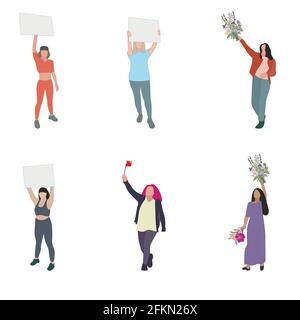 Women protester set isolated, woman and girl with placard. Vector women political rights, collection of protest people, design politics activism illus Stock Vector