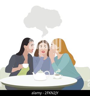 Woman friendship, girls gossip with cup of coffee. Friends hang out together, lady surprise expression from gossiping, vector illustration Stock Vector