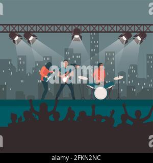 Rock concert festival, popular band on stage, cartoon fans and spectators listen to music, entertainment show and world tour. Vector rock and roll, pu Stock Vector