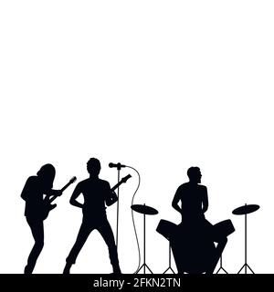 Rock band drummer, singer and guitarist black silhouette, rock wallpaper. Rock concert, musical performing band, illustration of scene silhouette vect Stock Vector