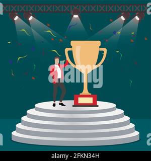 Successful man with golden cup on stage. Cup of winner, victory stage, celebration achievement, championship in business getting prize and trophy, cha Stock Vector