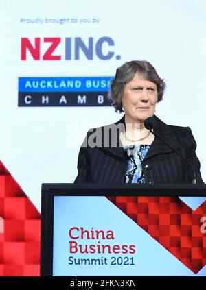 Auckland, New Zealand. 3rd May, 2021. Former Prime Minister of New Zealand Helen Clark delivers a speech at the China Business Summit 2021 in Auckland, New Zealand, May 3, 2021. The China Business Summit 2021 highlighted the importance of China-New Zealand relations and cooperation on Monday. Credit: Guo Lei/Xinhua/Alamy Live News Stock Photo