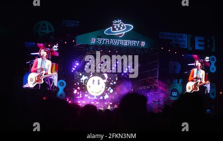 Beijing, China. 2nd May, 2021. A band performs at the Strawberry Music Festival in Beijing, capital of China, May 2, 2021. The 2021 Strawberry Music Festival is held at Beijing Expo Park from May 2 to May 4. Credit: Xiao Xiao/Xinhua/Alamy Live News Stock Photo