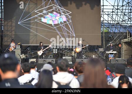 Beijing, China. 2nd May, 2021. A band performs at the Strawberry Music Festival in Beijing, capital of China, May 2, 2021. The 2021 Strawberry Music Festival is held at Beijing Expo Park from May 2 to May 4. Credit: Xiao Xiao/Xinhua/Alamy Live News Stock Photo