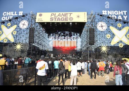 Beijing, China. 2nd May, 2021. A band performs at the Strawberry Music Festival in Beijing, capital of China, May 2, 2021. The 2021 Strawberry Music Festival is held at Beijing Expo Park from May 2 to May 4. Credit: Xiao Xiao/Xinhua/Alamy Live News Stock Photo