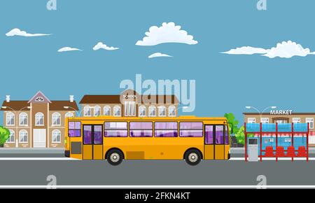 City public transport service flat poster at bus stop shelter. Flat and solid color vector illustration. Stock Vector