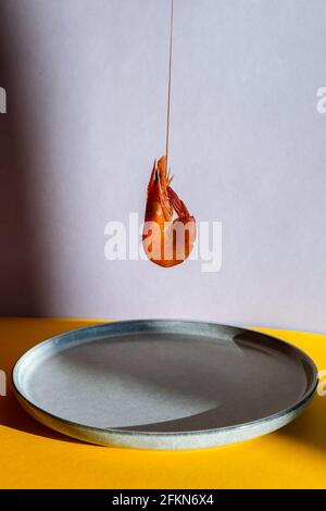 Balancing flying Red shrimp on a gray plate and yellow background. Trendy colors. Minimalistic concept sea food. Deep shadows. Stock Photo