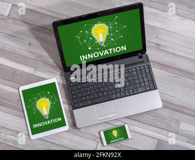 Innovation concept shown on different information technology devices Stock Photo