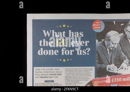 Double page pullout in The Times "What has the EU oever done for us?" on 31st January 2020, the day before the UK 'Brexit' from the European Union. Stock Photo