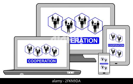 Cooperation concept shown on different information technology devices Stock Photo