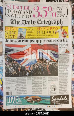 Front page of the Daily Telegraph on 1st February 2020 following the exit of the UK from the European Union on 31st January 2020. Stock Photo