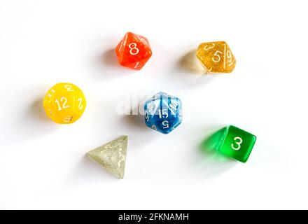 Special colorful dices group for role playing games. Stock Photo