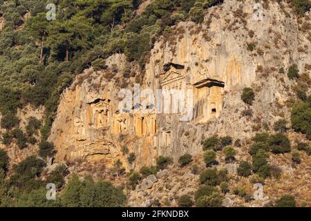 Rock-cut temple tombs of the ancient city Kaunos in Dalyan, Turkey. Stock Photo