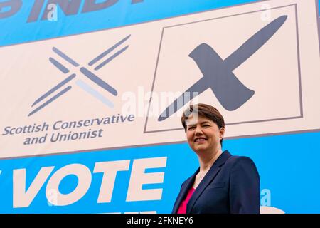 Edinburgh, Scotland, UK. 3  May 2021.  The Scottish Conservative party launch new campaign billboard ad van in Edinburgh today. Scottish Conservatives Leader Douglas Ross and former leader Ruth Davidson launched the ad van with a message urging voters to vote Scottish Conservatives on the list or peach ballot paper. Pic; Ruth Davidson.  Iain Masterton/Alamy Live News Stock Photo