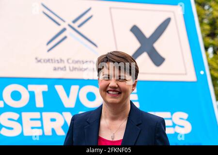 Edinburgh, Scotland, UK. 3  May 2021.  The Scottish Conservative party launch new campaign billboard ad van in Edinburgh today. Scottish Conservatives Leader Douglas Ross and former leader Ruth Davidson launched the ad van with a message urging voters to vote Scottish Conservatives on the list or peach ballot paper. Pic; Ruth Davidson.  Iain Masterton/Alamy Live News Stock Photo