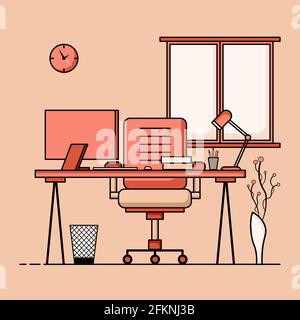 Working table flat design, Concept of working desk interior with furniture. Work room with computer, desktop, table, chair, book, and stationary equip Stock Photo