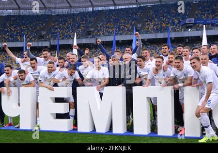 KYIV, UKRAINE - APRIL 25, 2021: FC Dynamo Kyiv - the winner of Ukrainian Premier League 2020-21. Dynamo won 5-0 against Inhulets at NSC Olimpiyskiy stadium in Kyiv, Ukraine Stock Photo