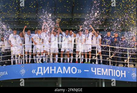 KYIV, UKRAINE - APRIL 25, 2021: FC Dynamo Kyiv - the winner of Ukrainian Premier League 2020-21. Dynamo won 5-0 against Inhulets at NSC Olimpiyskiy stadium in Kyiv, Ukraine Stock Photo