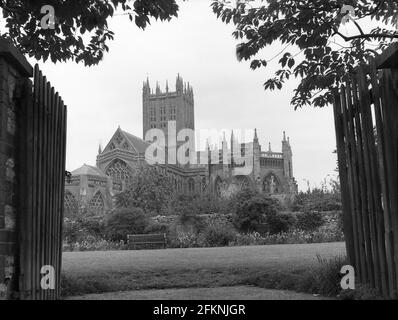 1950s, historical, exterior of Wells Cathedral, England, UK, an Anglian cathedral in Wells, Somerset built in the Gothic architectural style. Stock Photo