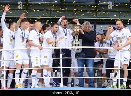 KYIV, UKRAINE - APRIL 25, 2021: FC Dynamo Kyiv players celebrate after winning the Ukrainian Premier League 2020-21 at NSC Olimpiyskiy stadium in Kyiv, Ukraine. Dynamo won 5-0 against Inhulets Stock Photo