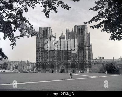 1950s, historical, exterior of Wells Cathedral, England, UK, an Anglian cathedral in Wells, Somerset built in the Gothic architectural style. Stock Photo