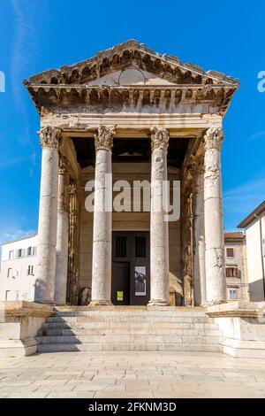 View of Temple of Augustus in Forum Square, Pula, Istria County, Croatia, Adriatic, Europe Stock Photo