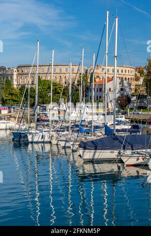 View of Pula Marina and Arena (Amphitheatre), Pula, Istria County, Croatia, Adriatic, Europe Stock Photo