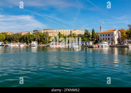 View of Pula Marina and Arena (Amphitheatre), Pula, Istria County, Croatia, Adriatic, Europe Stock Photo