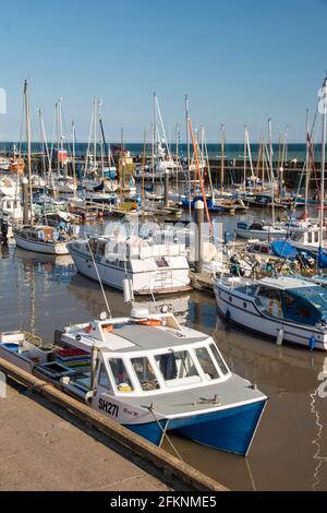 Yorkshire, UK – 10 Aug 2017 : yachts crowd into the picturesque Harbour at Bridlington Stock Photo