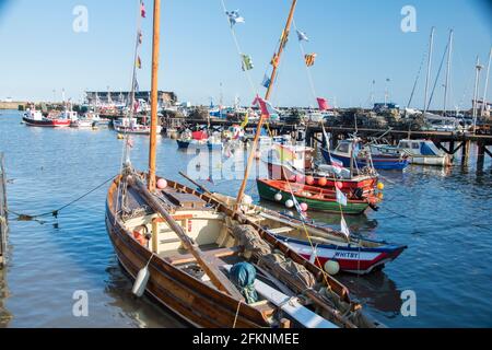 Yorkshire, UK – 10 Aug 2017 : sailing boats moored in the harbour at Bridlington