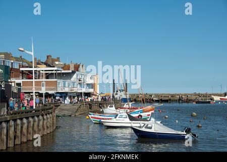 Yorkshire, UK – 10 Aug 2017 : sailing boats moored in the harbour at Bridlington Stock Photo