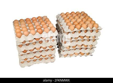 Carton of fresh brown eggs isolated on white background Stock Photo