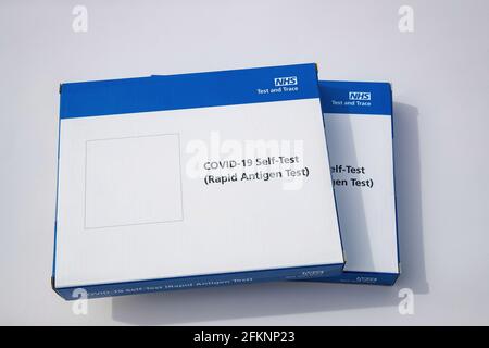 Two packs of seven coronavirus (COVID-19) home use rapid lateral flow tests Stock Photo
