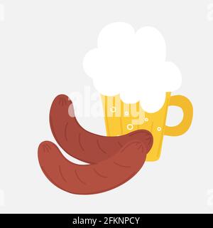 Funny hand drawn set of beer mug and two sausages. Simple playful funne art of german national cuisine. Vector illustration Stock Vector