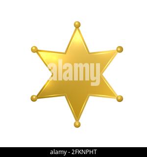 Realistic 3d sheriff star isolated on white background. Glossy gold police badge vector icon. Golden hexagonal star. Easy to edit template for your de Stock Vector