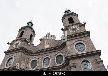 Cathedral of Saint James or Dom Sankt Jakob is an eighteenth-century Baroque cathedral of the Roman Catholic Diocese of Innsbruck, Tyrol, Austria Stock Photo