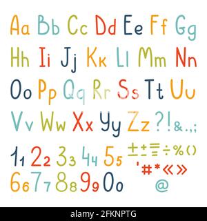 Cute alphabet set of simple kid's handwritten letters, numbers and punctuation symbols. Lowercase and uppercase letters. Vector set isolated on white Stock Vector