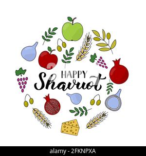 Shavuot Jewish holiday, hand drawn doodle style. Text Happy Shavuot on ...