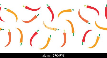 Chili pepper seamless vector border. Cayenne hot pepper repeating horizontal pattern. Mexican exotic hot spicy banner. Hand drawn food illustration Stock Vector