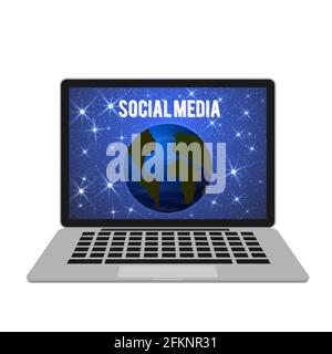 Planet Earth in space on the laptop screen. Social media vector illustration. Social network and communication concept. Easy to edit design template f Stock Vector