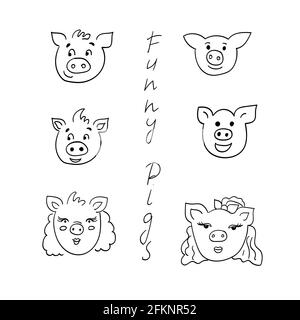 Set of funny childish pigs. Simple doodles with cute animals with differenr gender - boy or girl, hair, smaile and eyes. Vector illustration isolated Stock Vector