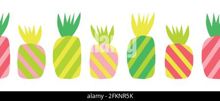 Pineapples abstract seamless vector border. Repeating horizontal colorful pattern border. Hand drawn exotic fruit isolated in cartoon doodle style Stock Vector
