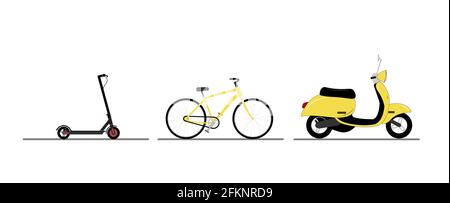 Set of image of urban transport. Bicycle, scooter. scooter. Ecological transport in human life. Flat vector illustration. Stock Vector
