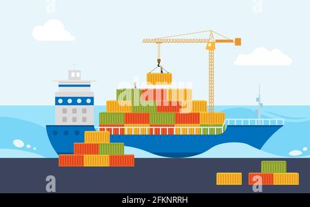 Sea barge loads cargo at port. Sea transportation logistic. Maritime ...