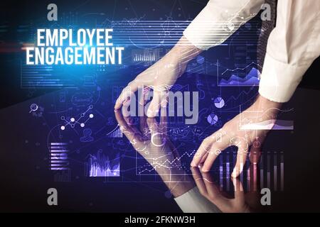 Businessman touching huge screen concept Stock Photo