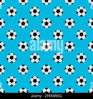 Football seamless pattern. Black and white soccer balls on light blue background. Cartoon sport vector illustration. Easy to edit template for your de Stock Vector