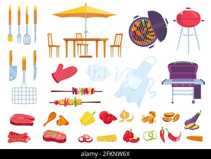 Bbq picnic food. Barbecue cooking steak, meat, fish and chicken. Cook apron, spatula, fork and knife. Cartoon summer grill party vector set Stock Vector