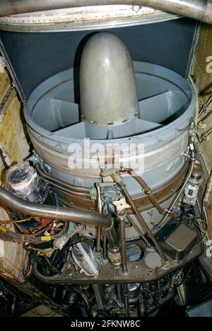 Front end of a Rolls Royce Olympus jet engine of a Avro Vulcan B2 jet bomber plane. Bristol Olympus aero engine. Preserving. Stock Photo